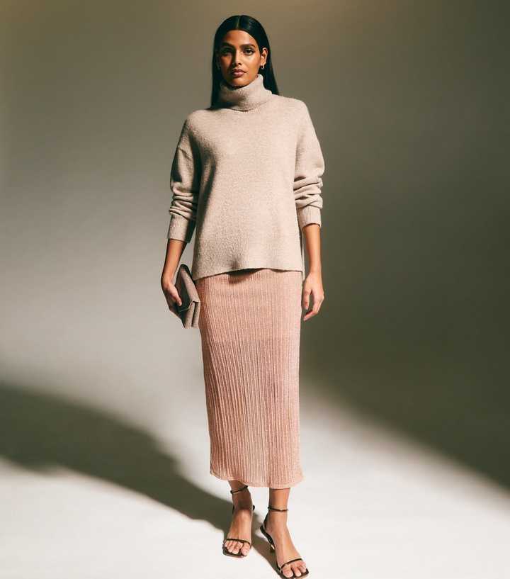 Pink Metallic Plisse Pleat Midi Pencil Skirt 