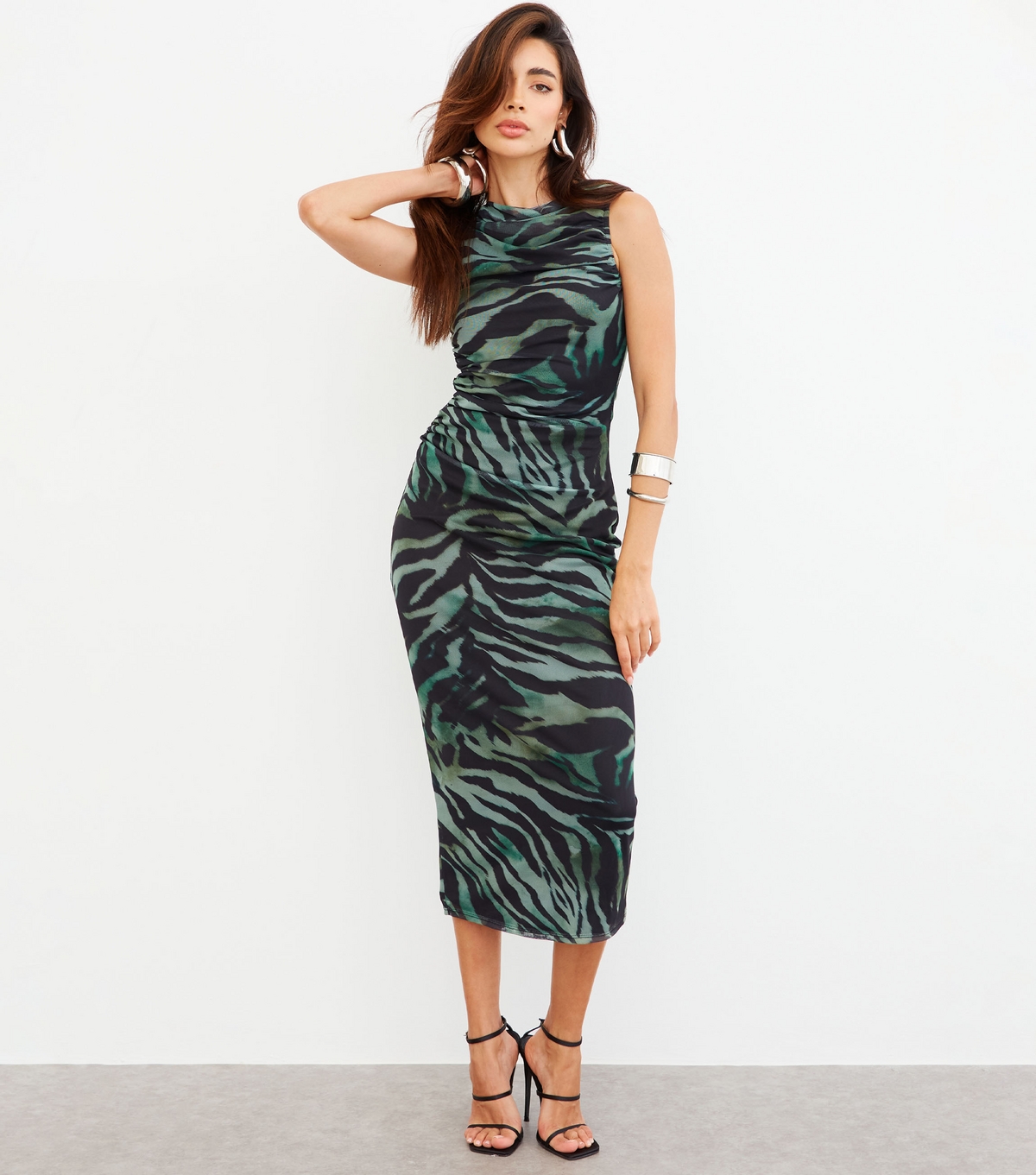 Women's Green Mesh Animal Print Midi Dress WKNDGIRL New Look