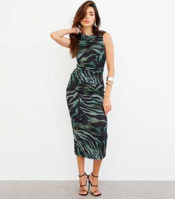 WKNDGIRL Green Mesh Animal Print Midi Dress