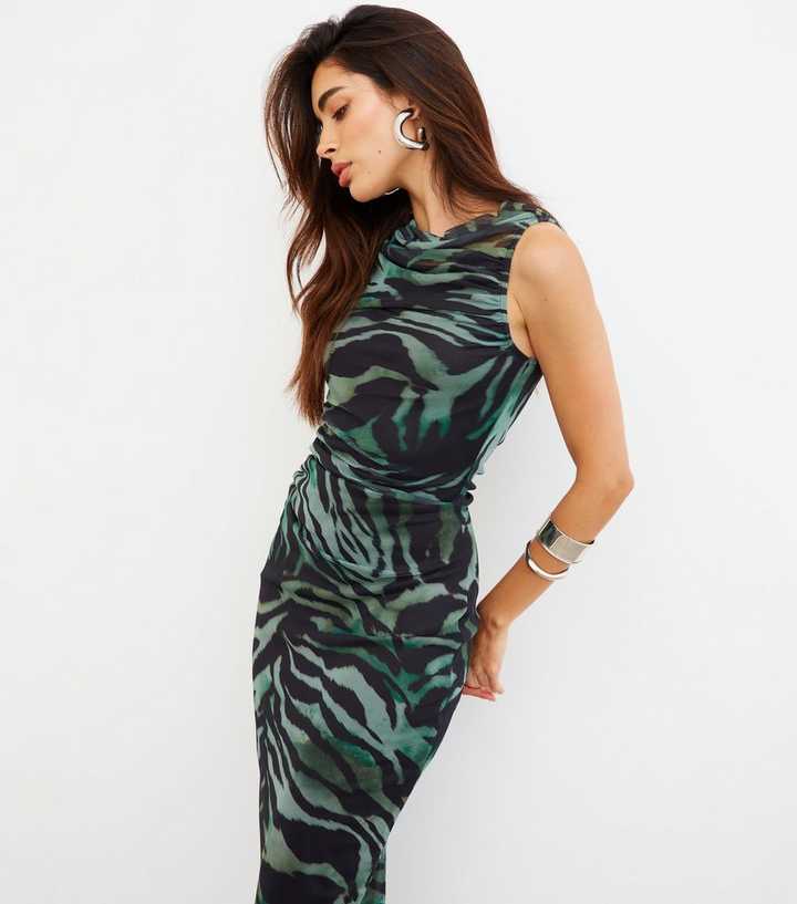 Animal Print Dress New Look Zebra Midi Dress WKNDGIRL Green Mesh