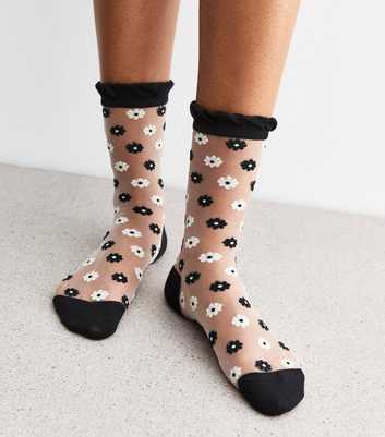 White Floral Embroidered Sheer Socks