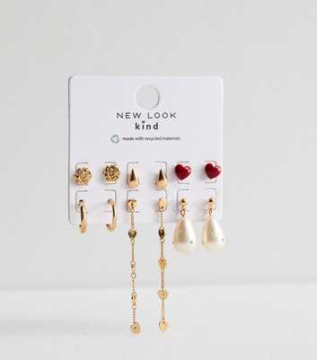 6 Pack of Gold Tone Heart Faux Pearl Teardrop Earrings