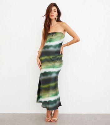 WKNDGIRL Green Abstract Pattern Bias Cut Bandeau Midi Dress New Look