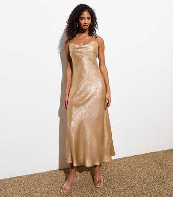 Gold Strappy Cowl Neck Satin Midi Dress