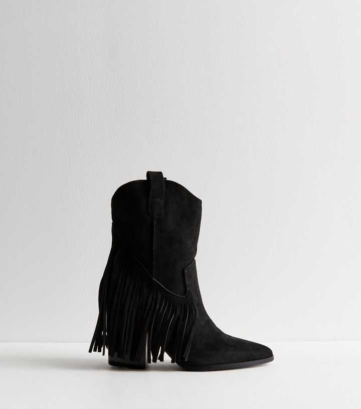 Truffle Black Suedette Fringe Western Boots
