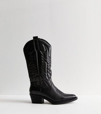 Truffle Black Stitch Detail Cowboy Boots New Look