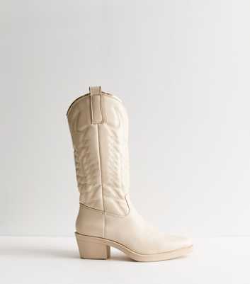 Truffle Off White Stitch Detail Cowboy Boots