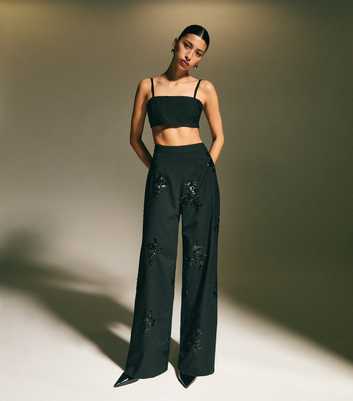 Black Sequin Embellished Pinstripe Tailored Trousers