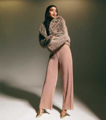 Pink Metallic Plisse Pleat Wide Leg Trousers