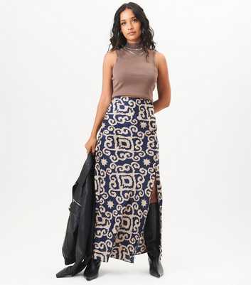 Gini London Navy Abstract Print Split Hem Maxi Skirt