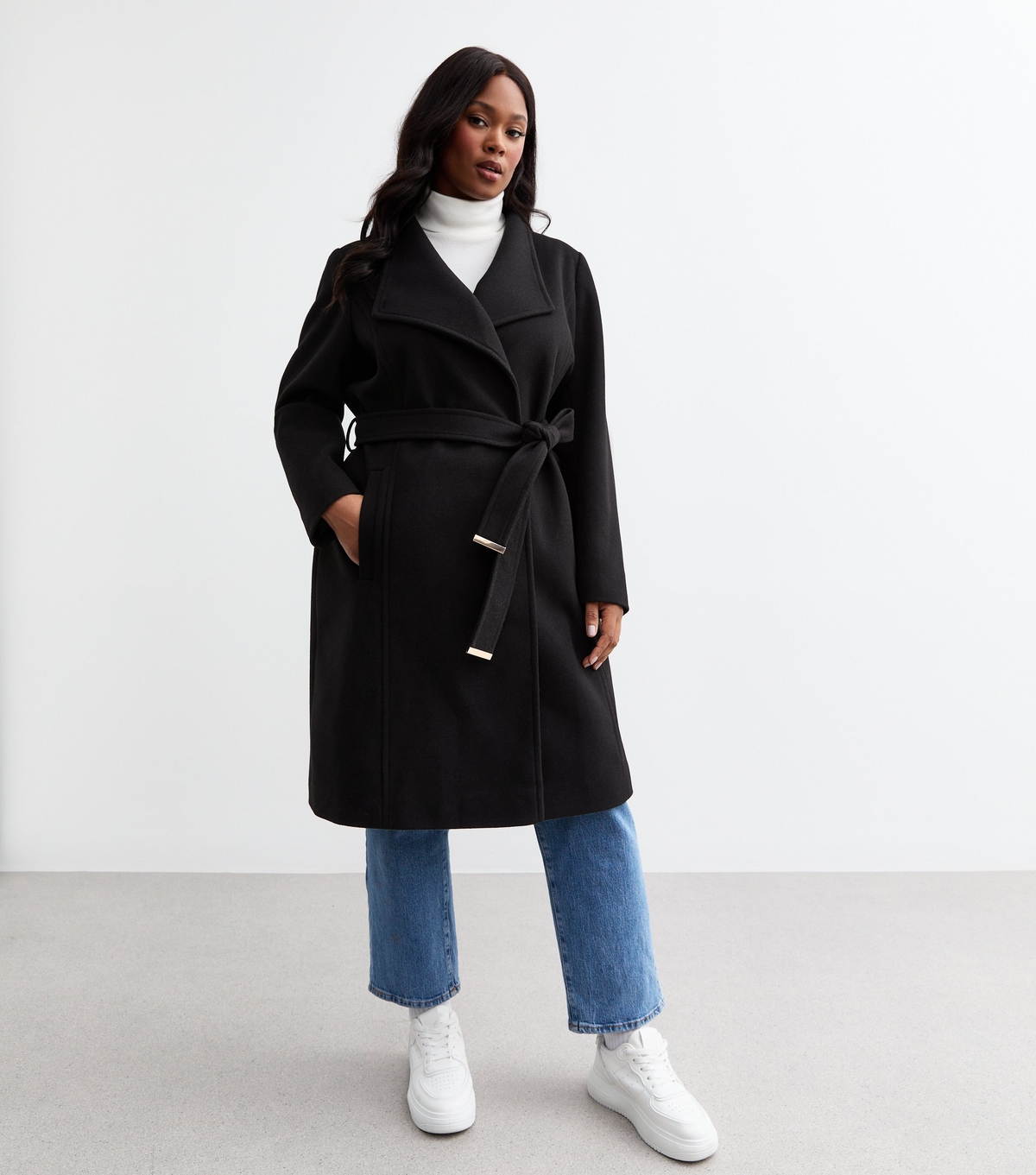 Women's Plus Size Black Belted Felt Coat Curves New Look