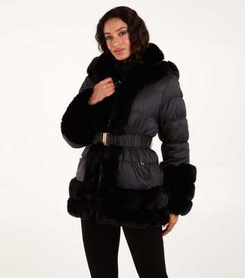 Blue Vanilla Black Belted Faux Fur Puffer Jacket