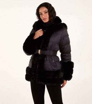 Blue Vanilla Black Belted Faux Fur Puffer Jacket New Look