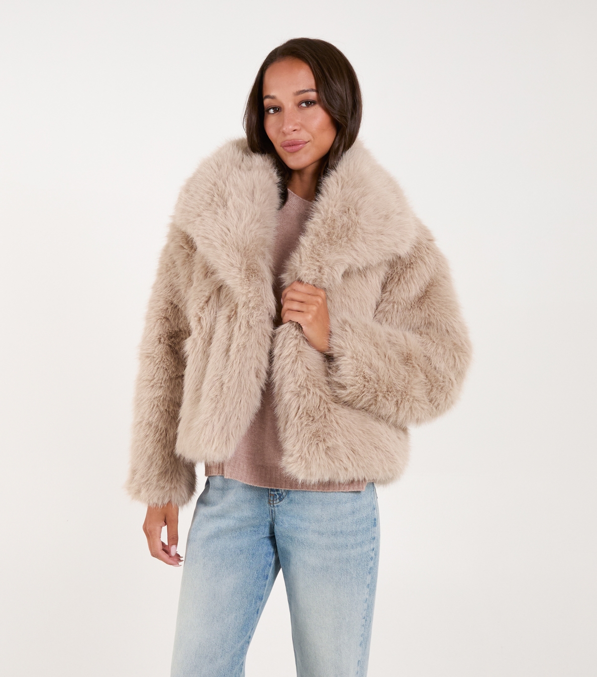 Women's Stone Faux Fur Coat Blue Vanilla New Look
