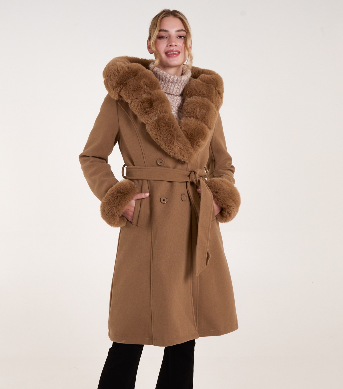 Women's Faux Fur Trim Belted Coat Blue Vanilla New Look