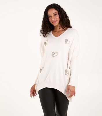 Blue Vanilla Cream V-Neck Diamanté Heart Jumper