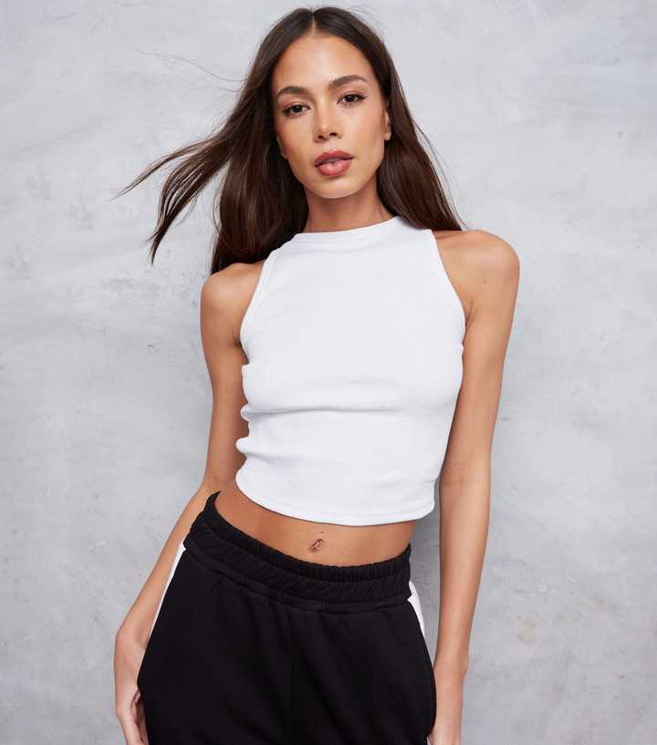 White Ribbed High Neck Crop Top WKNDGIRL White Ribbed Cropped High