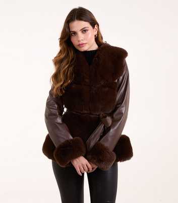 Blue Vanilla Brown Faux Leather Faux Fur Trim Coat