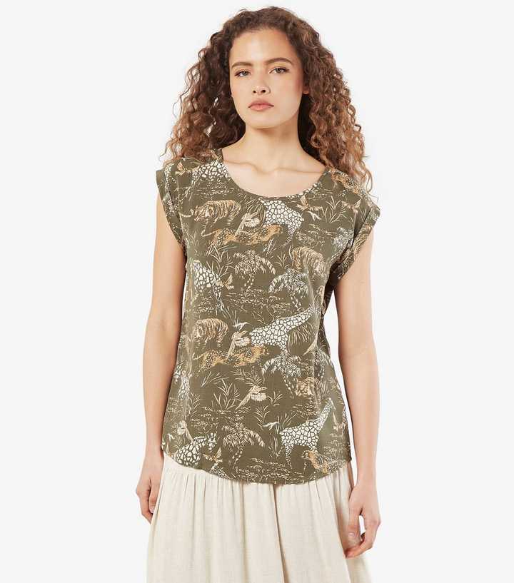 Apricot Olive Scenery-Print Sleeveless Top 