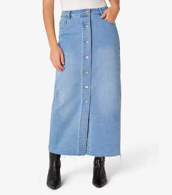 Apricot Pale Blue Button Front Denim Midi Skirt