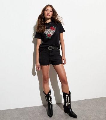 Black Bisous Heart-Print Cotton T-Shirt New Look