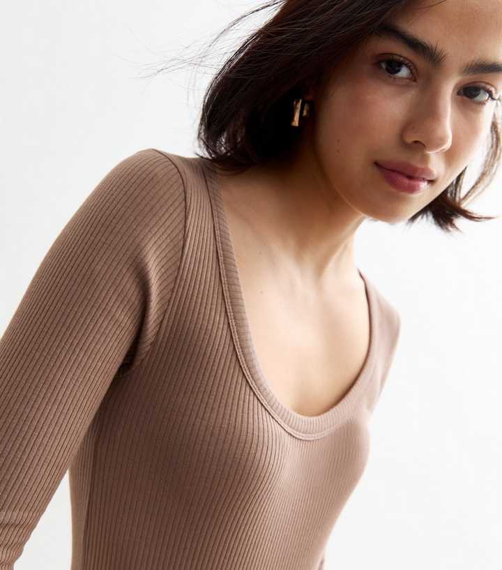 Light Brown Ribbed Long Sleeve Scoop Neck Top 