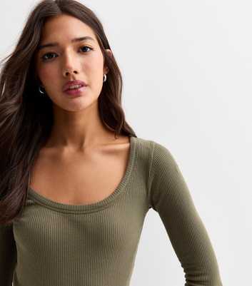 Khaki Ribbed Long Sleeve Scoop Neck Top 