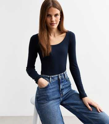 Navy Ribbed Long Sleeve Scoop Neck Top