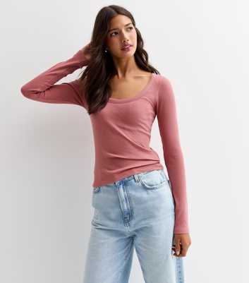 Pink Ribbed Long Sleeve Scoop Neck Top 