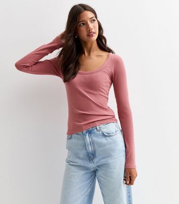 Pink Ribbed Long Sleeve Scoop Neck Top | New Look