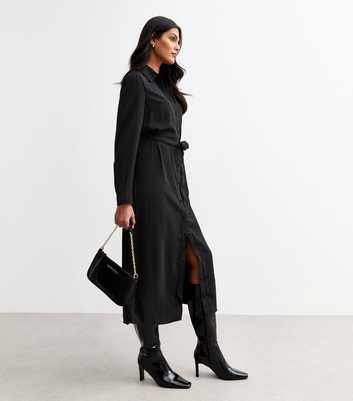 Black Belted Midi Shirt Dress