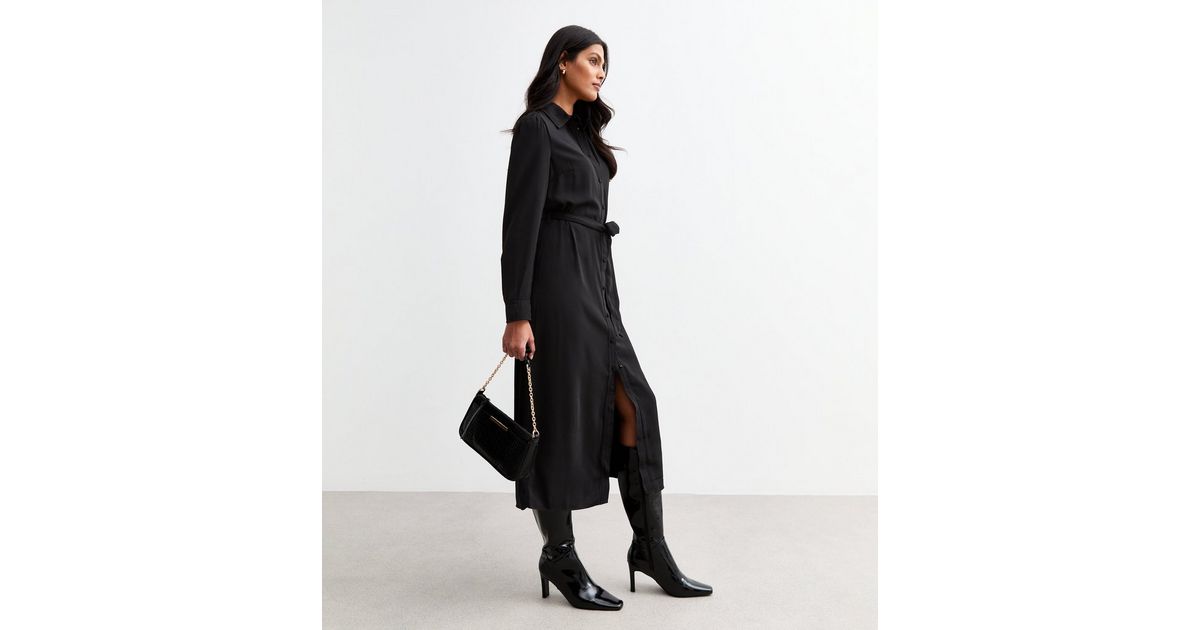 Black Plain Belted Midi Shirt Dress