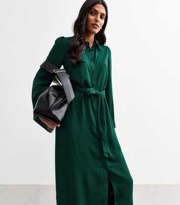 Dark Green Belted Midi Shirt Dress