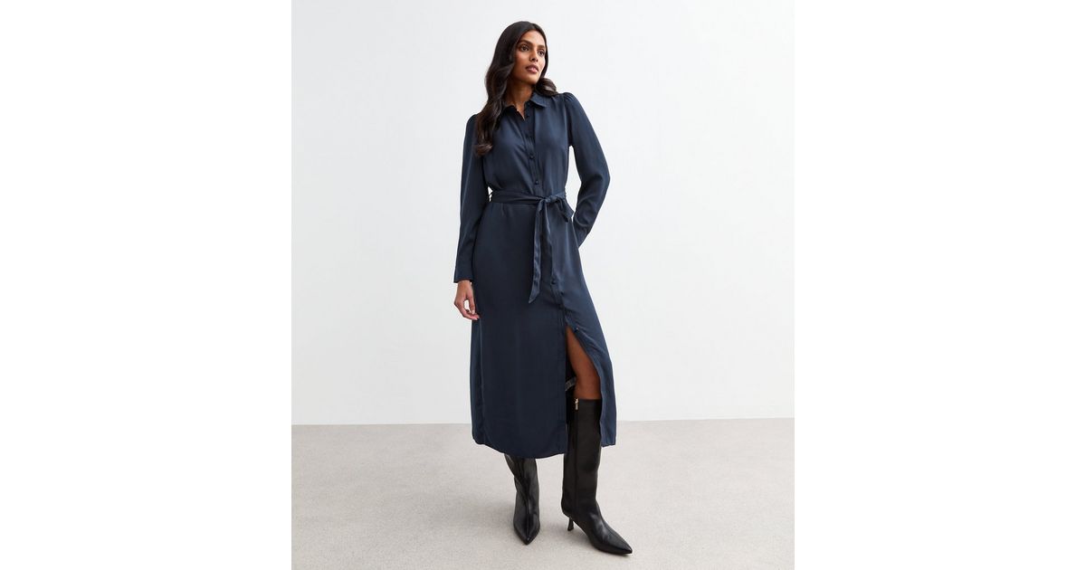 Long Sleeve Belted Midi Dress - Navy