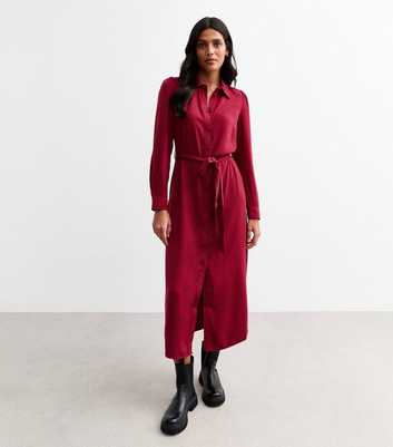 Burgundy Belted Midi Shirt Dress