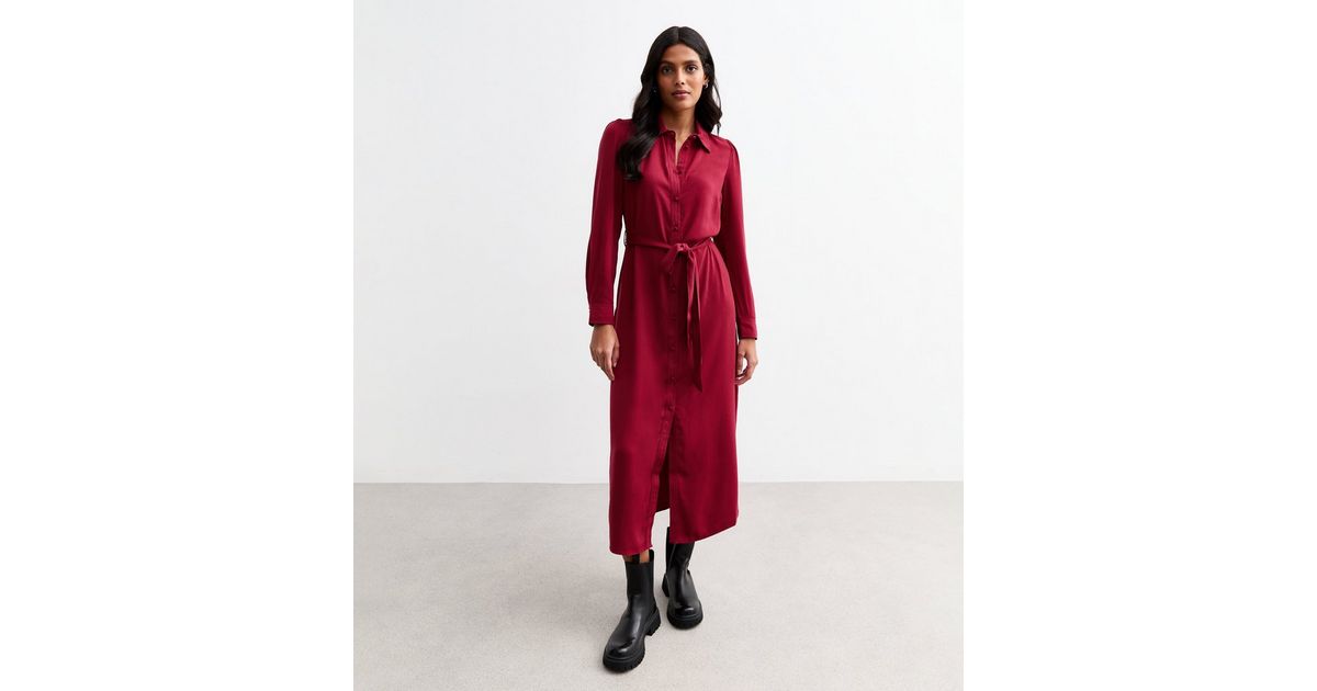 Burgundy Belted Midi Shirt Dress New Look