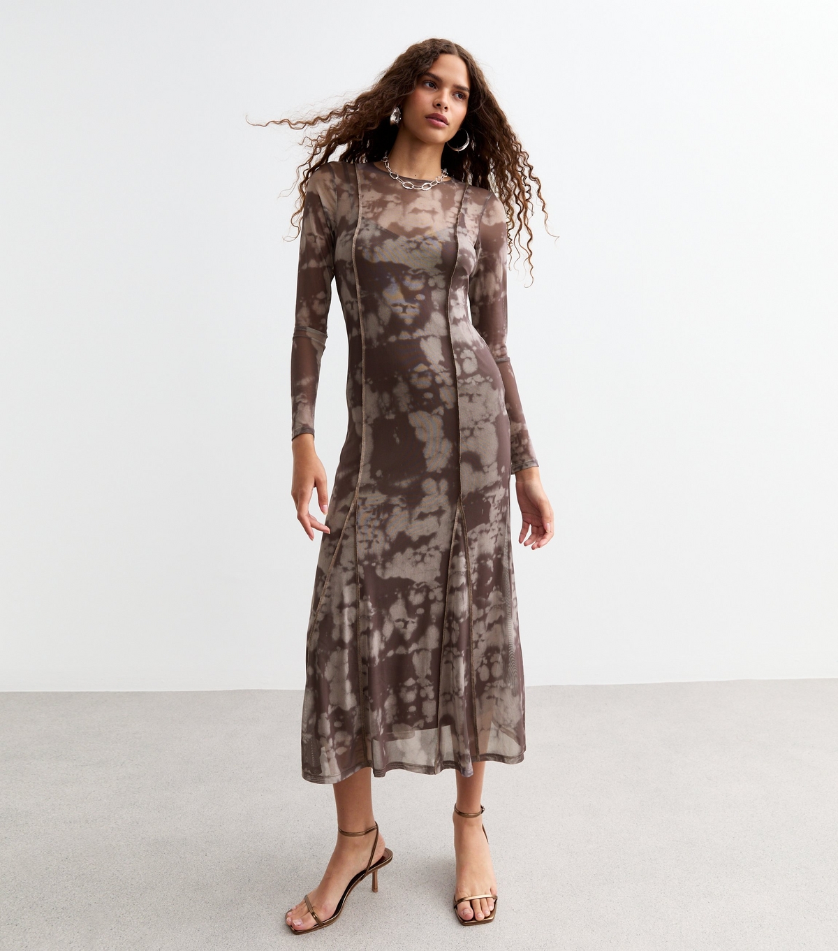 Women's Tall Brown Abstract Print Mesh Godet Midi Dress New Look