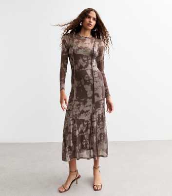 Tall Brown Abstract Print Mesh Godet Midi Dress