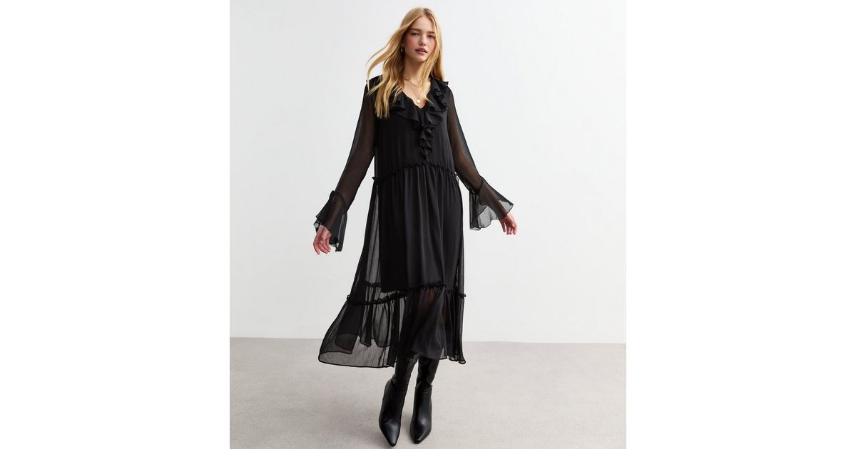 Long Sleeve Rouched Midi Dress Black 1 main image 0