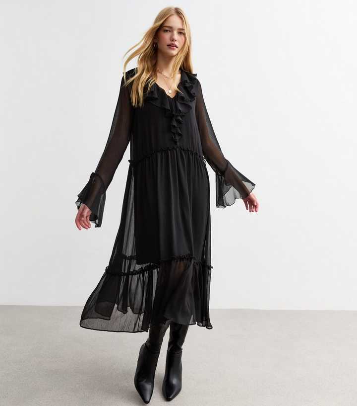 Black Ruffle Long Sleeve Midi Dress