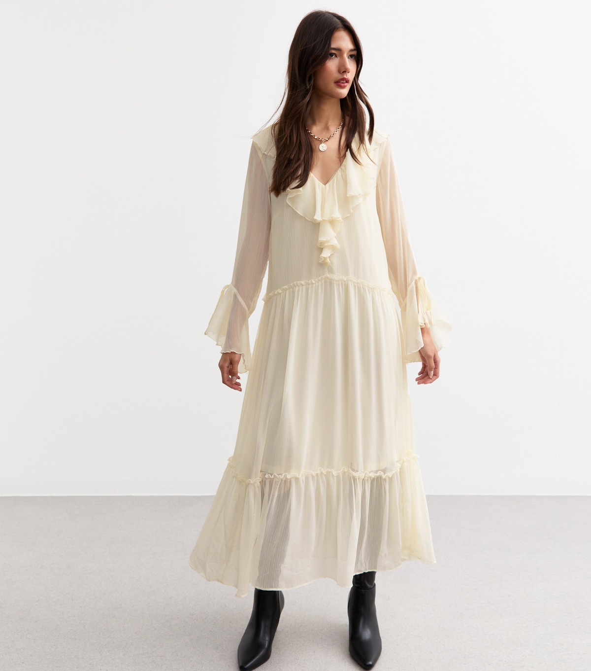 Women's Cream Ruffle Long Sleeve Midi Dress New Look