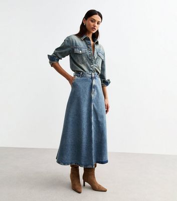 Blue Vintage Tint Midi Denim Skirt New Look