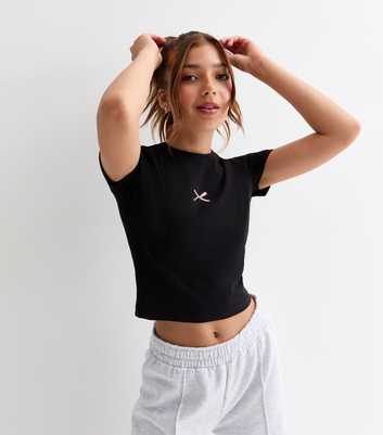 Girls Black Bow-Print Cropped Cotton T-Shirt 