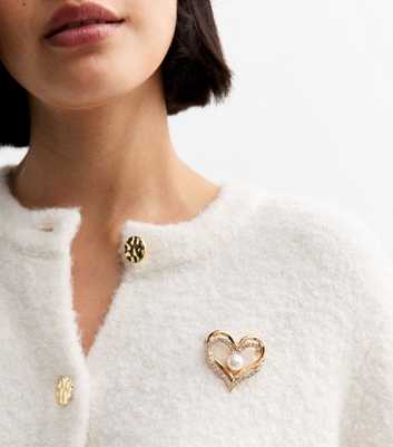 Gold Tone Heart Faux Pearl Diamanté Brooch