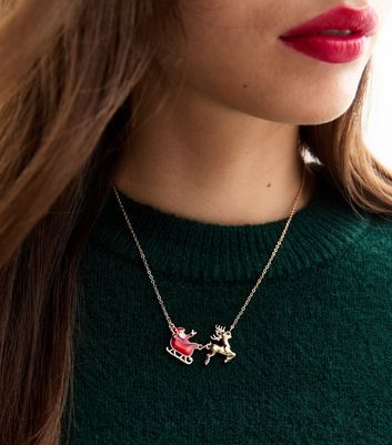 Gold Tone Christmas Santa Reindeer Pendant Necklace New Look