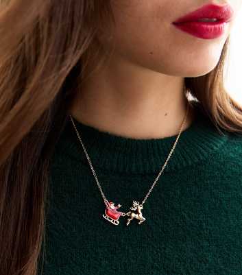 Gold Tone Christmas Santa Reindeer Pendant Necklace