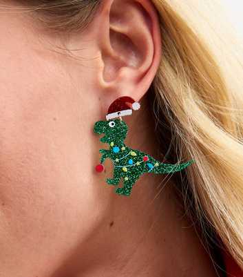 Green Resin Christmas Dinosaur Earrings