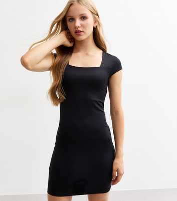 Girls Black Square Neck Jersey Dress