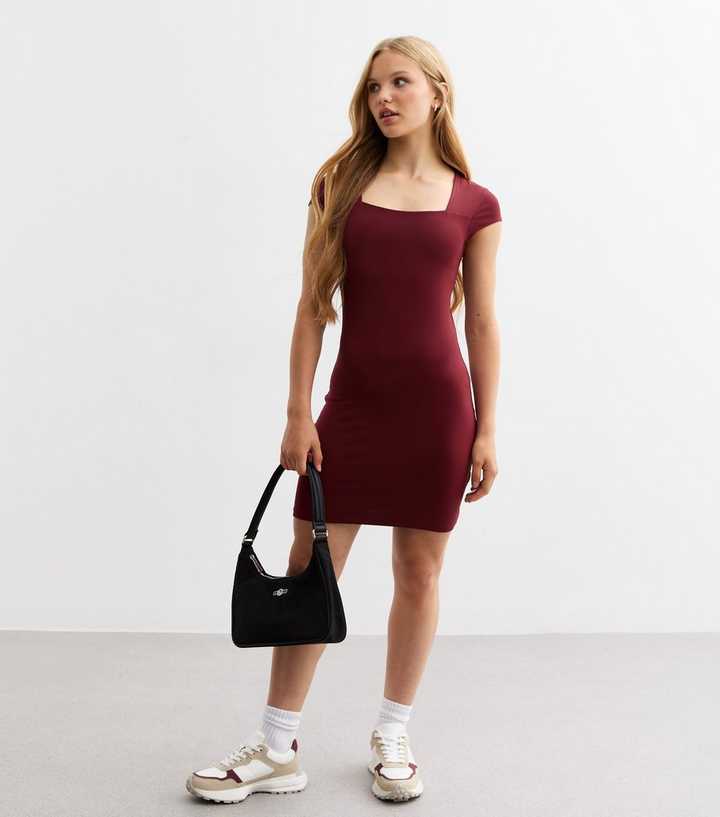 Girls Burgundy Square Neck Jersey Dress New Look