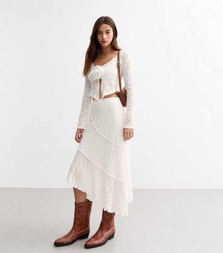Women's Midi Skirt Lace Mesh Floral Asymmetric Hem High Waist A-Line